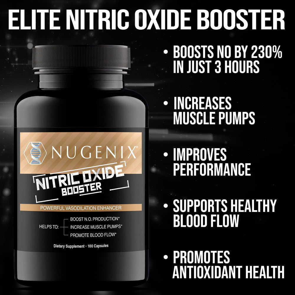 Nugenix Nitric Oxide Booster label shows L-Citrulline and Pine Bark extract.