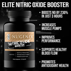 Nugenix Nitric Oxide Booster label shows L-Citrulline and Pine Bark extract.