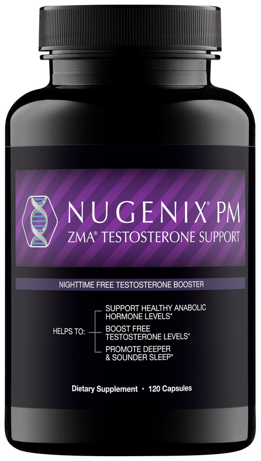 Nugenix PM ZMA bottle at night promotes restful sleep and recovery
