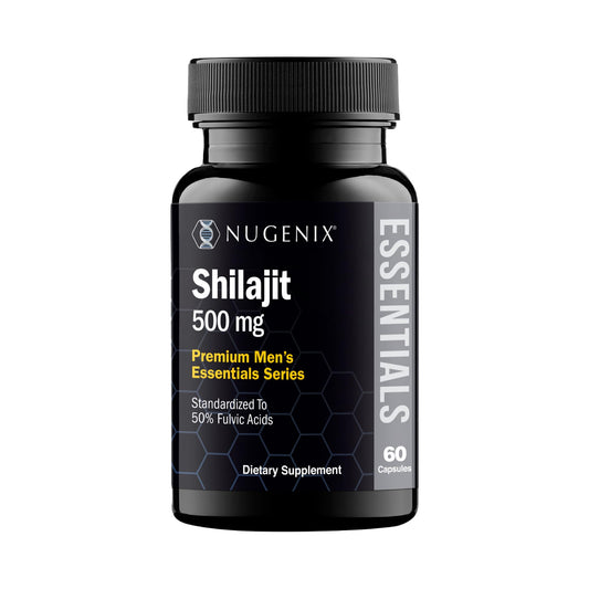 Nugenix Shilajit capsules bottle for daily vitality and focus.