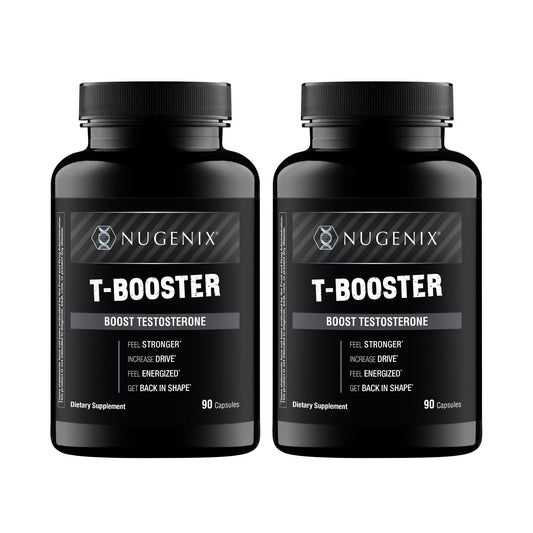 Nugenix T Booster bottle front view highlighting branding for daily performance support.
