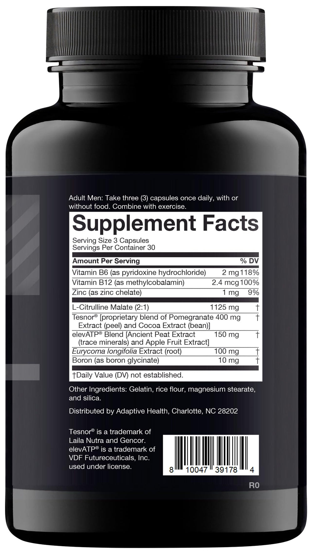 Nugenix Total-T bottle back label, with dosage guidance for consistent use.