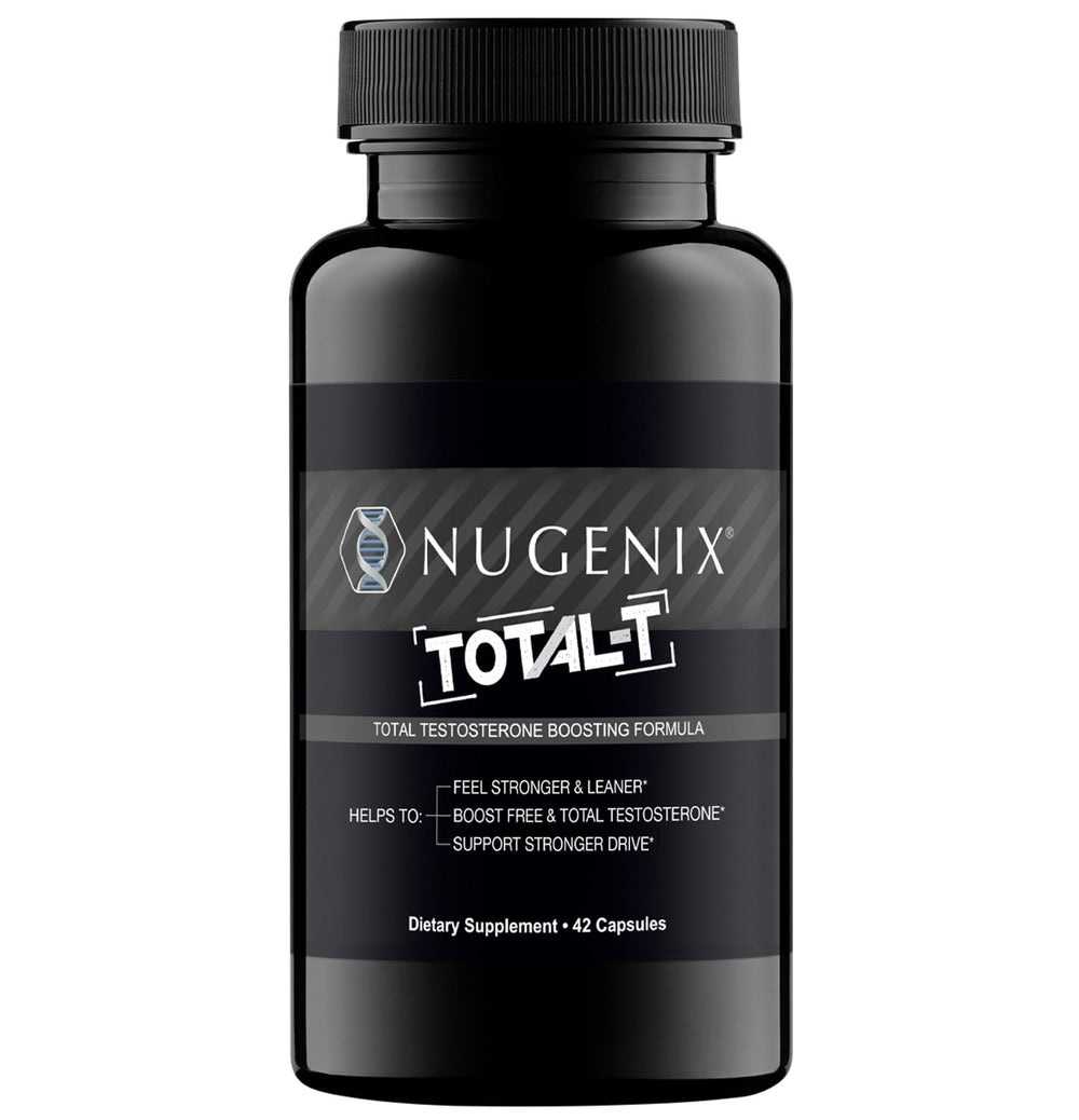 Nugenix Total-T bottle front, highlighting the energy-supporting supplement for workouts.