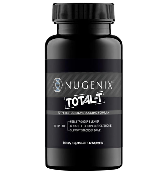 Nugenix Total-T bottle front, highlighting the energy-supporting supplement for workouts.