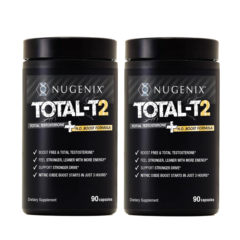 Nugenix Total-T2 bottle front showing branding and testosterone support visuals