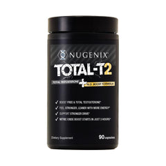 Nugenix Total-T2 bottle front shows testosterone and nitric oxide support