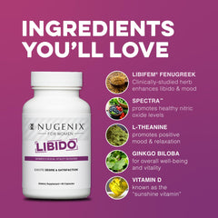 Nugenix Women’s Libido Booster label close-up highlights gluten-free and dairy-free ingredients