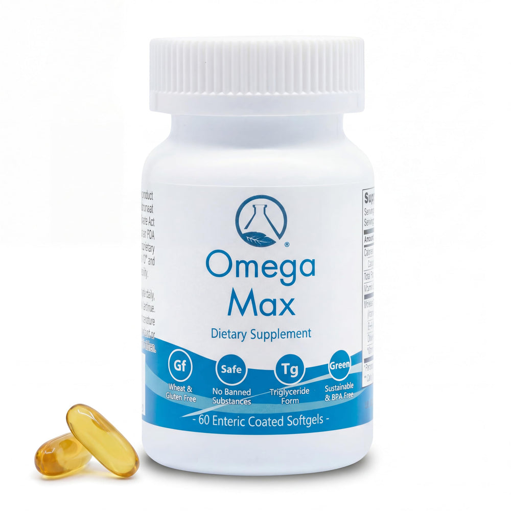 Nugevity Omega Max bottle showcases enteric softgels for burp-free use