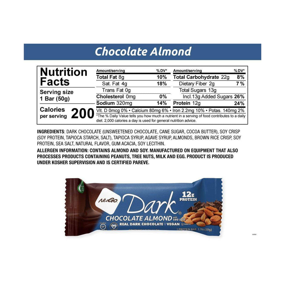 NuGo bar broken to show almonds and chocolate, perfect for busy days