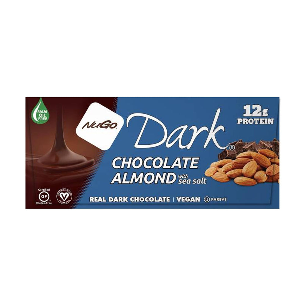 NuGo dark chocolate almond sea salt close-up showcases rich texture