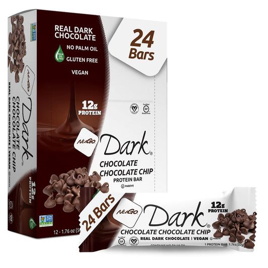 NuGo Dark Chocolate Chip bar package on shelf highlighting vegan and gluten-free benefits.