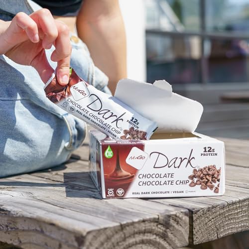 NuGo Dark Chocolate Chocolate Chip bar dipped in dark chocolate with visible chips