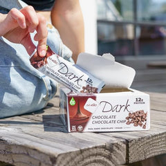 NuGo Dark Chocolate Chocolate Chip bar dipped in dark chocolate with visible chips