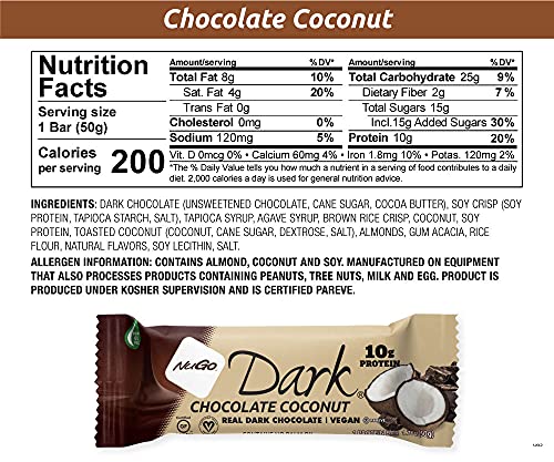 NuGo Dark Chocolate Coconut bar on the go; convenient protein boost.