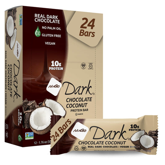 NuGo Dark Chocolate Coconut bar, front view; protein-packed vegan snack.
