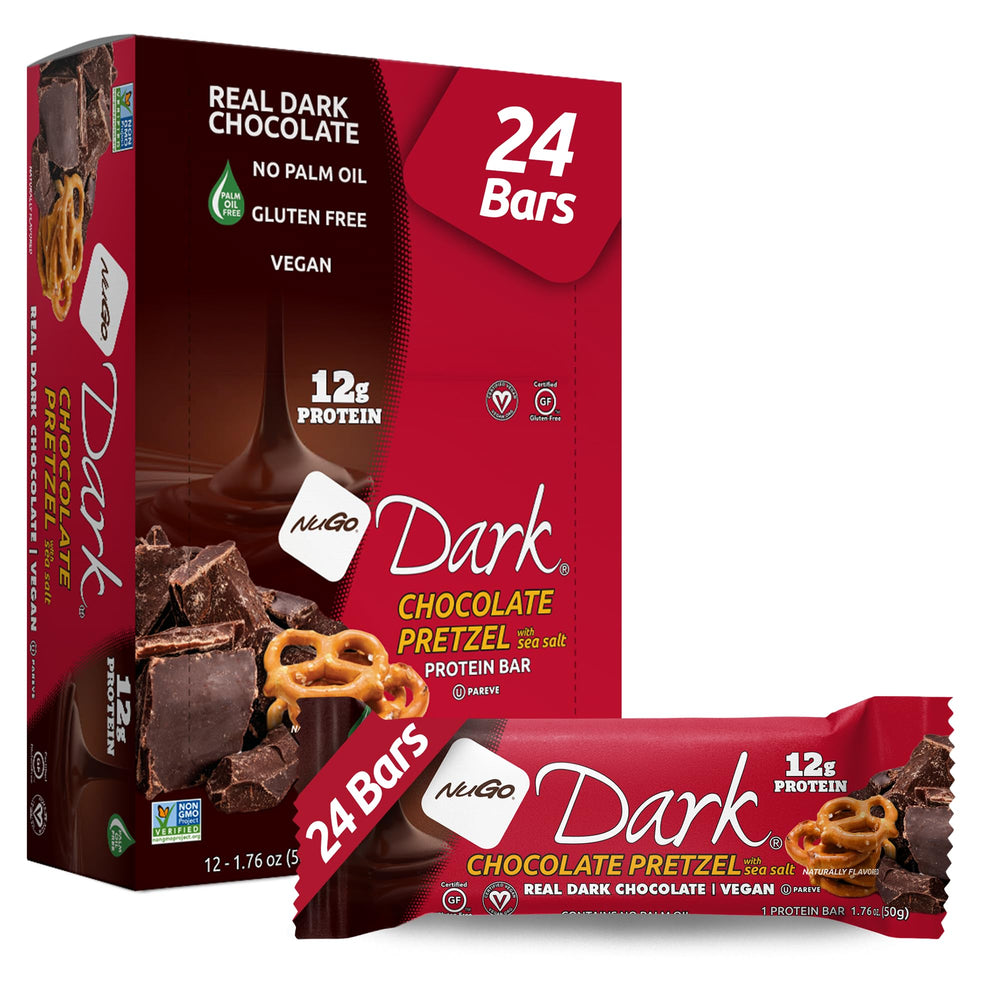 NuGo Dark Chocolate Pretzel Sea Salt bar with protein-packed snack and indulgent chocolate.