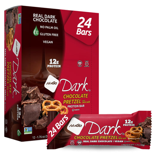NuGo Dark Chocolate Pretzel Sea Salt bar with protein-packed snack and indulgent chocolate.