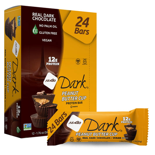 NuGo Dark Peanut Butter Cup bar pack shot, protein-packed snack
