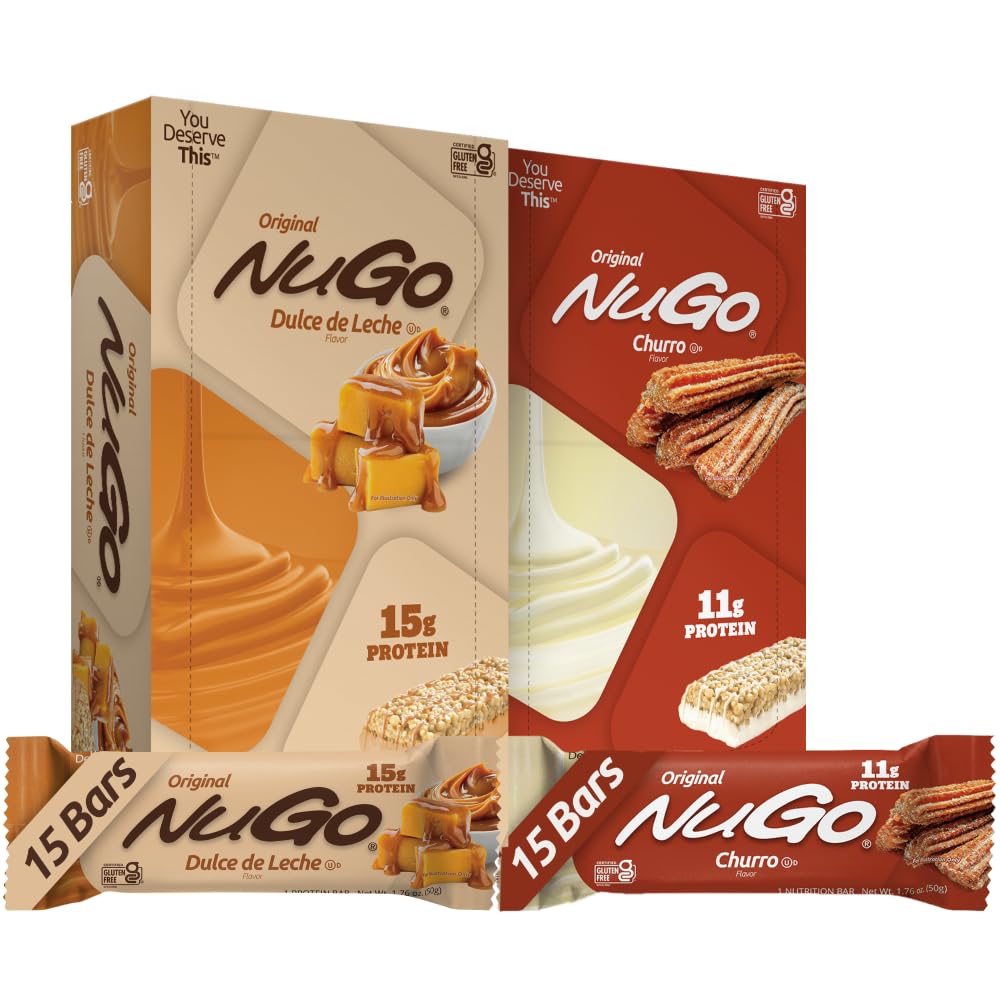 NuGo Dulce De Leche bar pack on a shelf, gluten-free protein snack