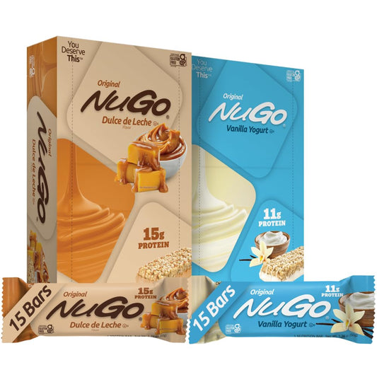 NuGo Dulce de Leche bar, gluten-free protein snack with caramel flavor.