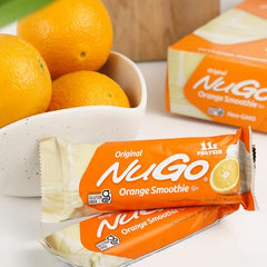NuGo Orange Smoothie bar coating close-up showing tangy flavor and protein boost.