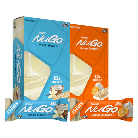 NuGo Original Vanilla Yogurt bar coating close-up with creamy yogurt drizzle for a snack.