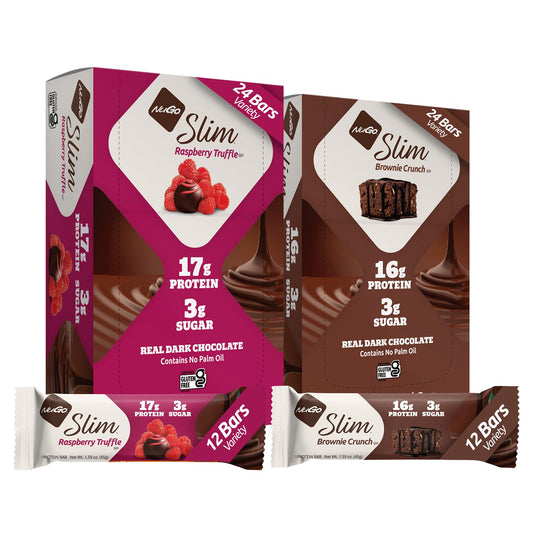 NuGo Slim Brownie Crunch bar wrapper shows real dark chocolate for a protein-packed snack.