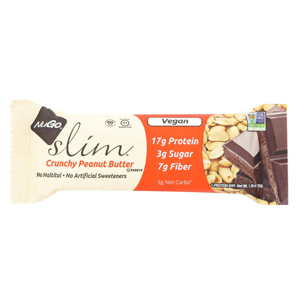 NuGo Slim Crunchy Peanut Butter bar ready for a quick protein snack.