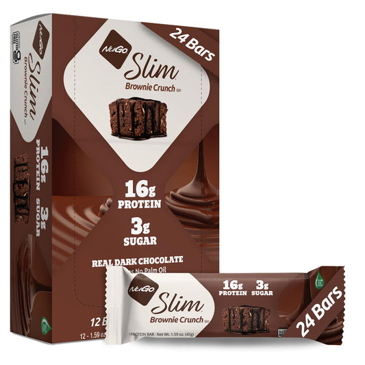 NuGo Slim dark chocolate brownie crunch bar on-pack showing protein-forward snack