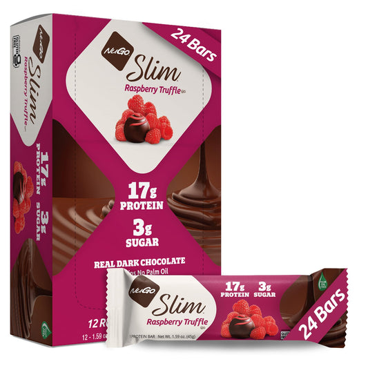 NuGo Slim pack shot highlighting gluten-free, high-protein snack.