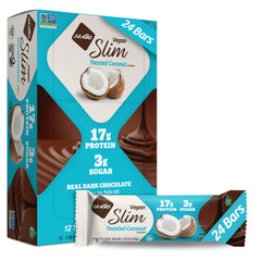 NuGo Slim dark chocolate toasted coconut bar on the go, protein-packed snack