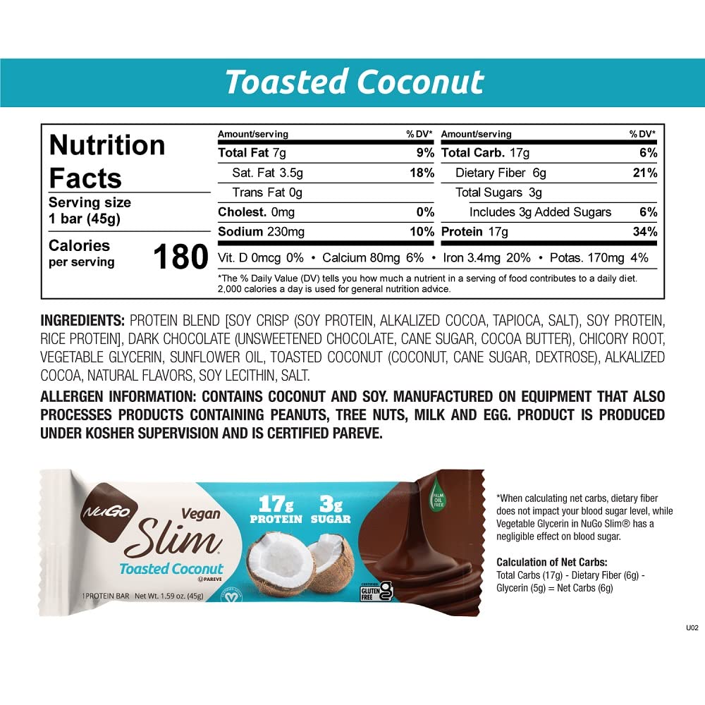 NuGo Slim Toasted Coconut bar wrapper showing vegan, gluten-free claim