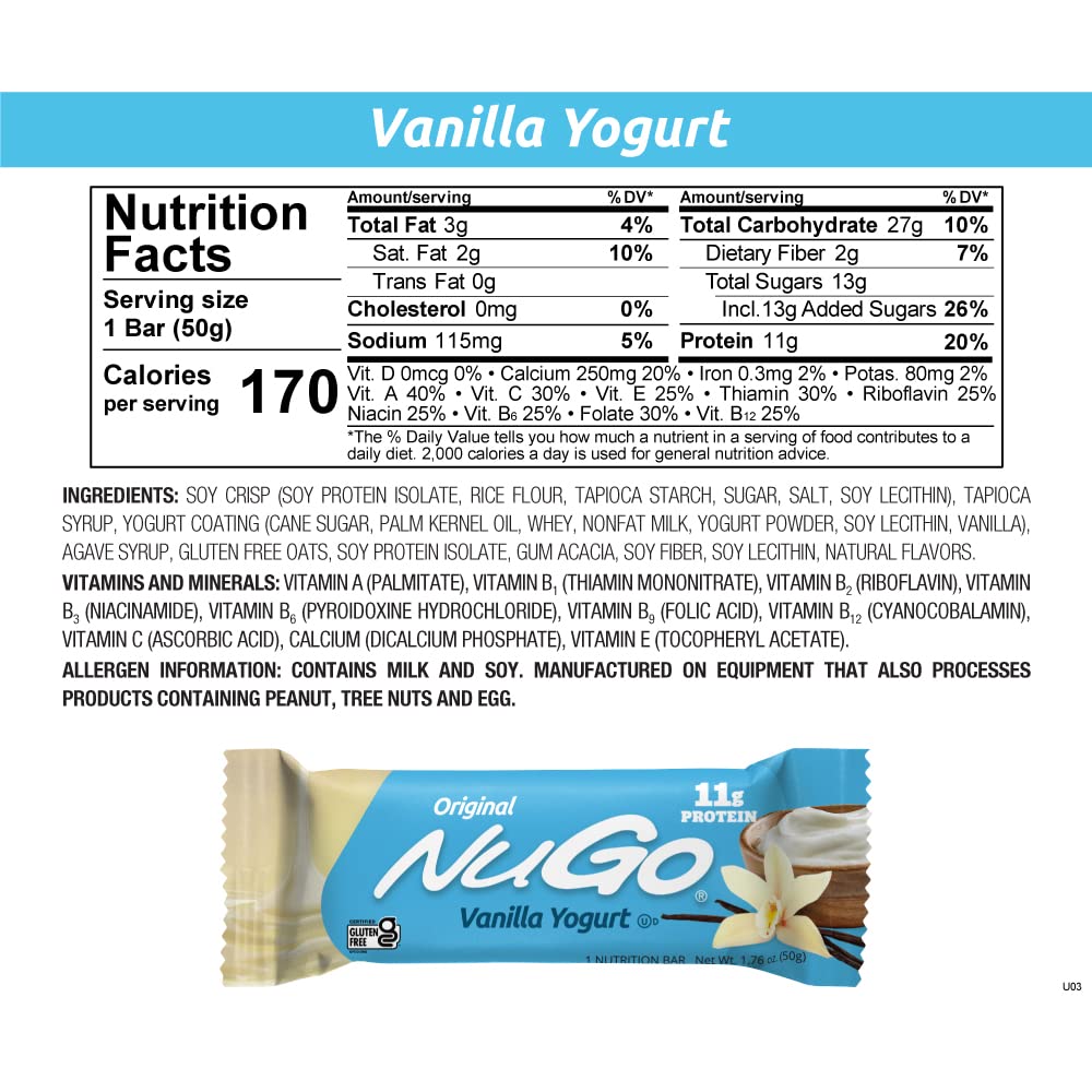 Unwrapped NuGo Vanilla Yogurt bar reveals creamy coating and crisp texture.