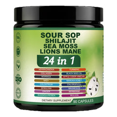 Nukupuns Soursop capsules bottle with 24-in-1 formula for daily wellness.