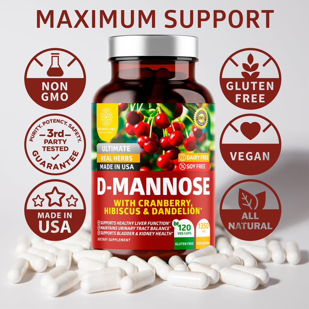Label and packaging of Number One Nutrition D Mannose 120 count bottle