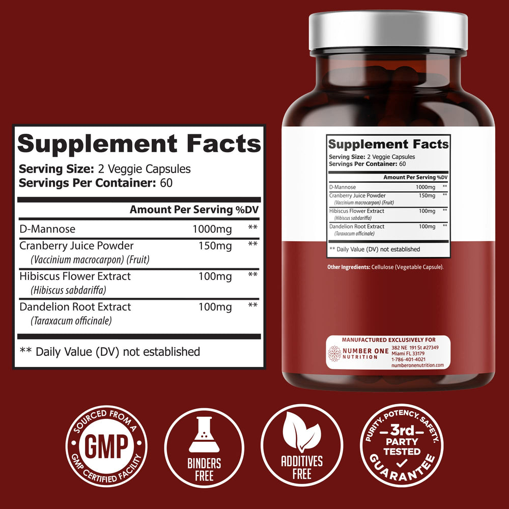 Number One Nutrition Premium D Mannose capsules closeup highlights 1350 mg dosage
