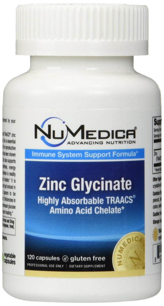 NuMedica Zinc Glycinate 20mg capsules bottle front highlighting high absorption