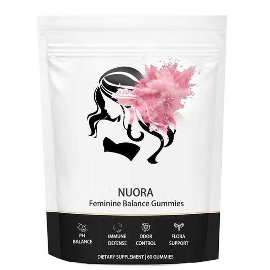 Nuora Feminine Balance Gummies bottle front for daily pH balance and freshness
