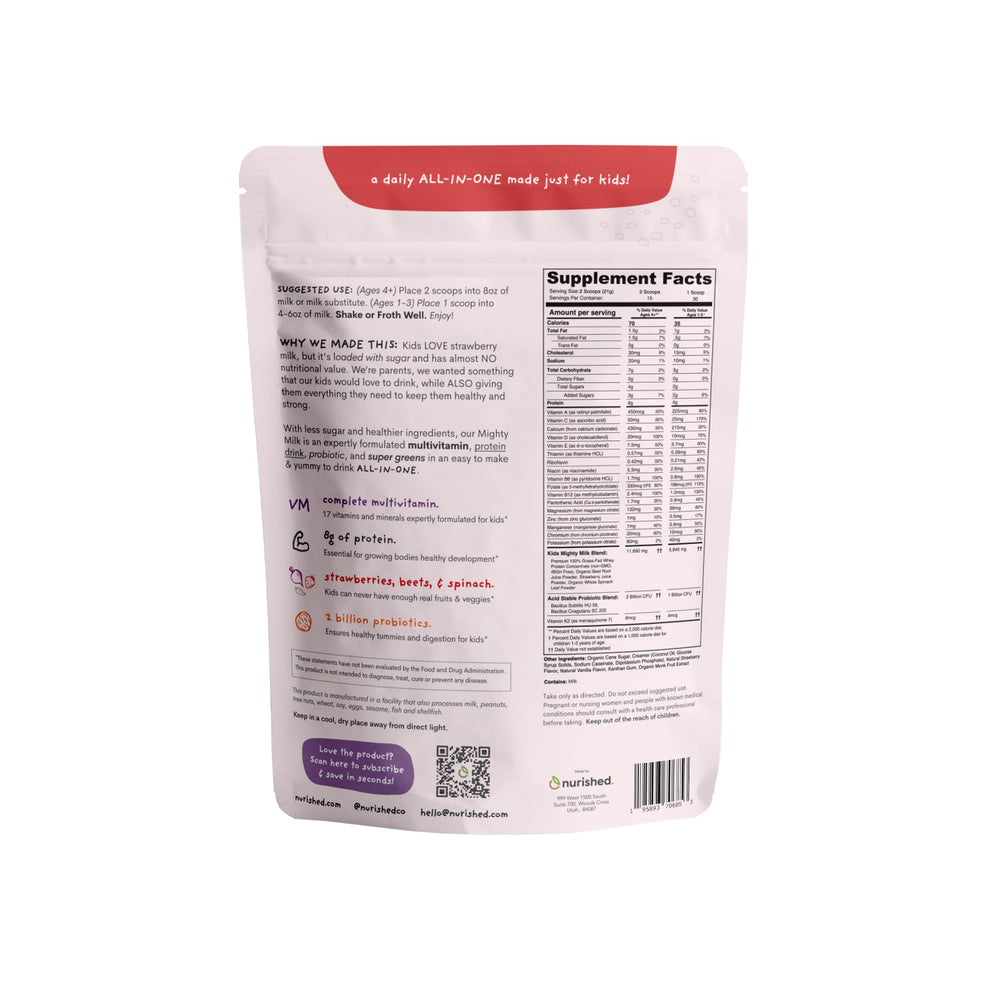 Nurished Mighty Strawberry Milk tub side highlights 8g protein per serving for growing kids.