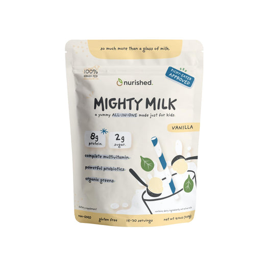 Nurished Vanilla Mighty Milk bottle pour highlights kid-friendly nutrition.