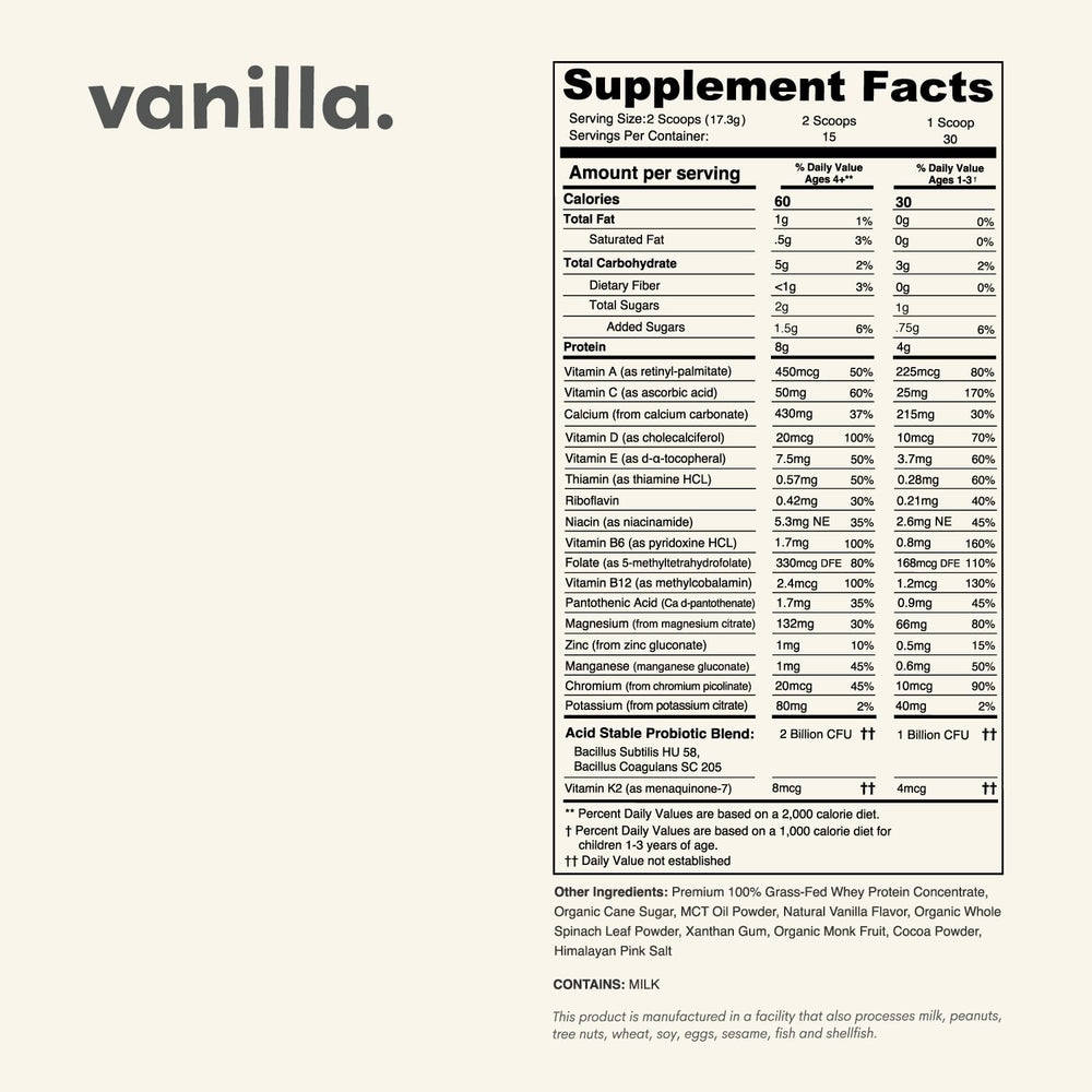 Nurished Vanilla Mighty Milk glass shows probiotic boost for gut balance.
