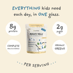 Nurished Vanilla Mighty Milk powder scoop closeup highlights organic spinach blend.