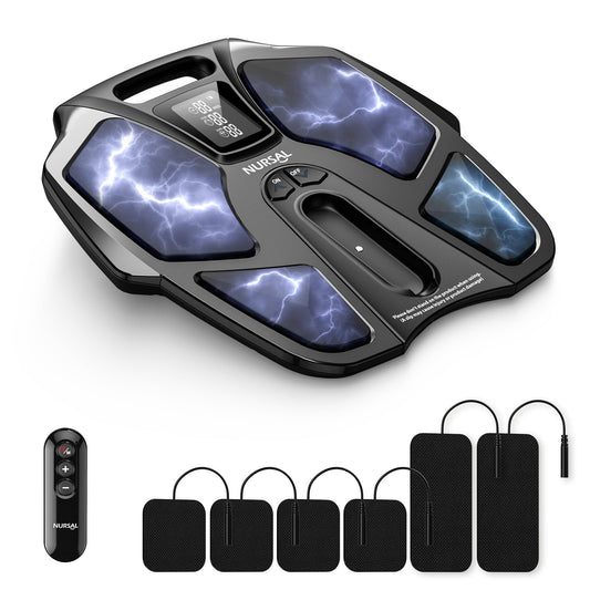 NURSAL EMS foot massager front view with ergonomic curved sole for comfortable use.