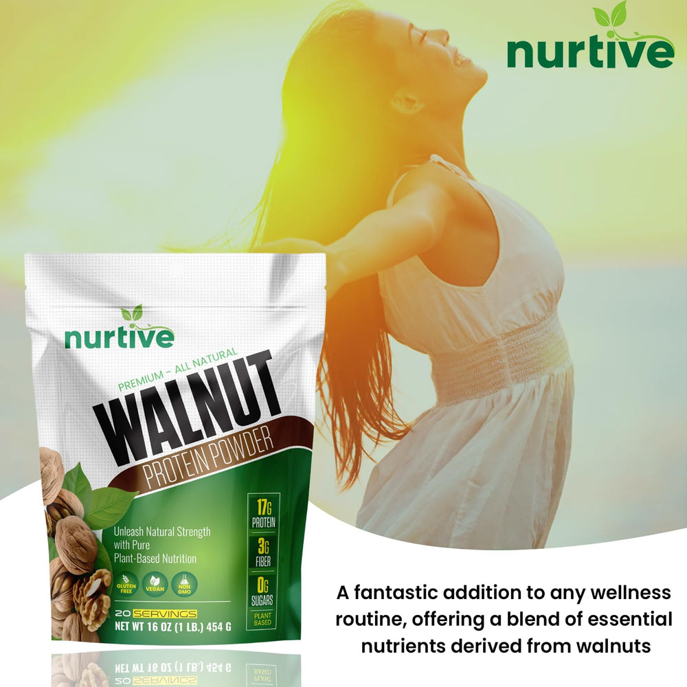 NURTIVE Walnut Protein Powder glass with milk illustrates shake-ready nutrition