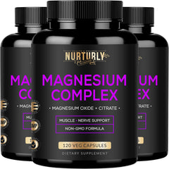 NURTURLY Magnesium Citrate & Oxide capsules bottle front shows high absorption formula for daily use