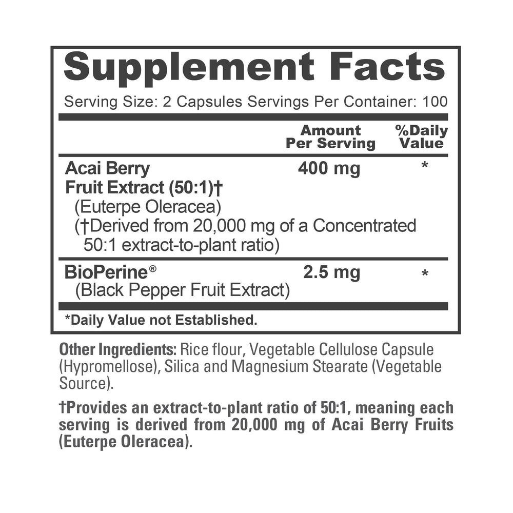 Packaging image of NusaPure Acai Berry bottle, 200 veggie capsules included