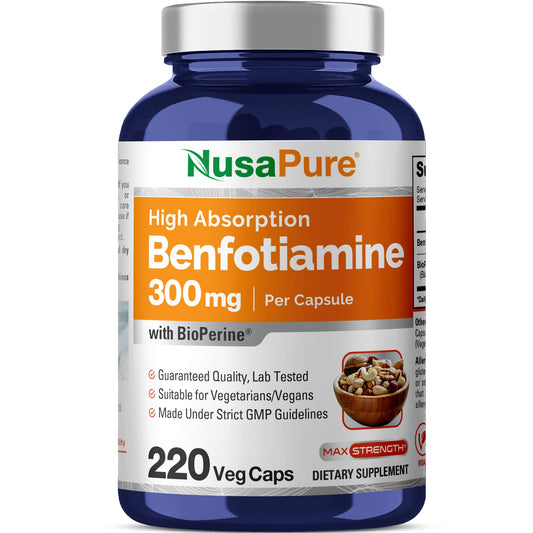 NusaPure Benfotiamine 300mg bottle on shelf for daily wellness.