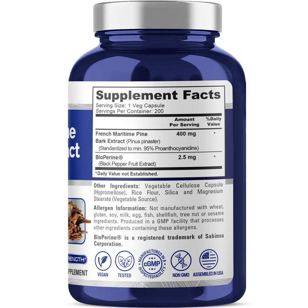 Close-up of NusaPure pine bark capsules with Bioperine for potential absorption support