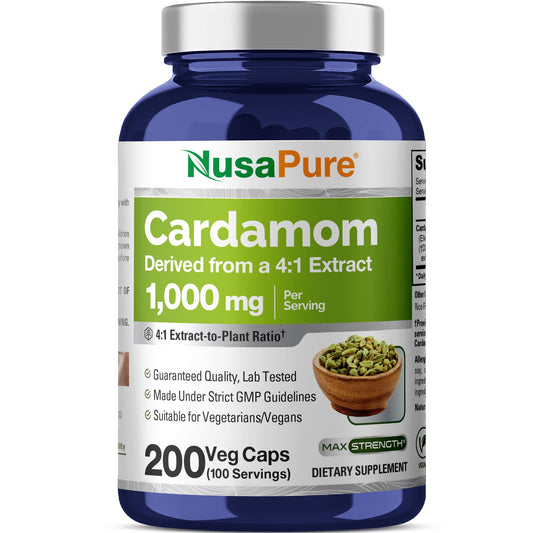NusaPure Cardamom Capsules bottle showing 1000 mg potency for vegan routines.