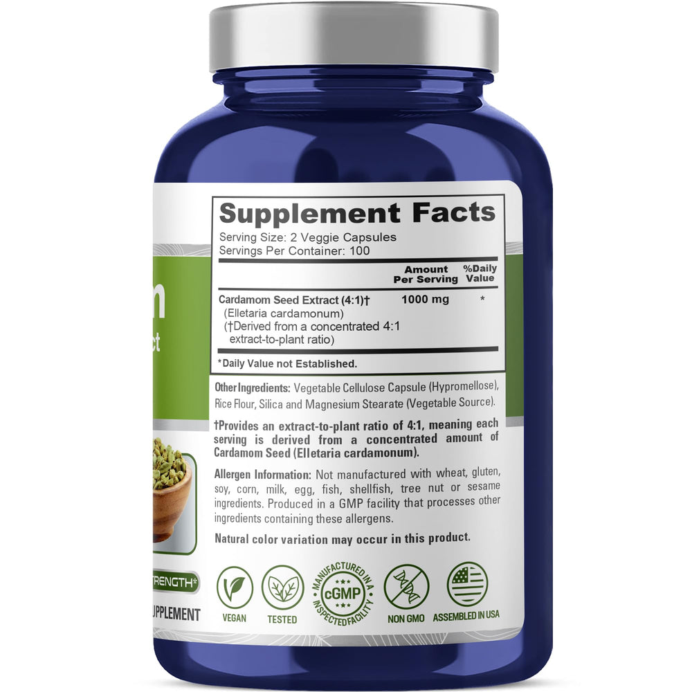 NusaPure Cardamom Capsules packaging with 200 vegan capsules for daily use.